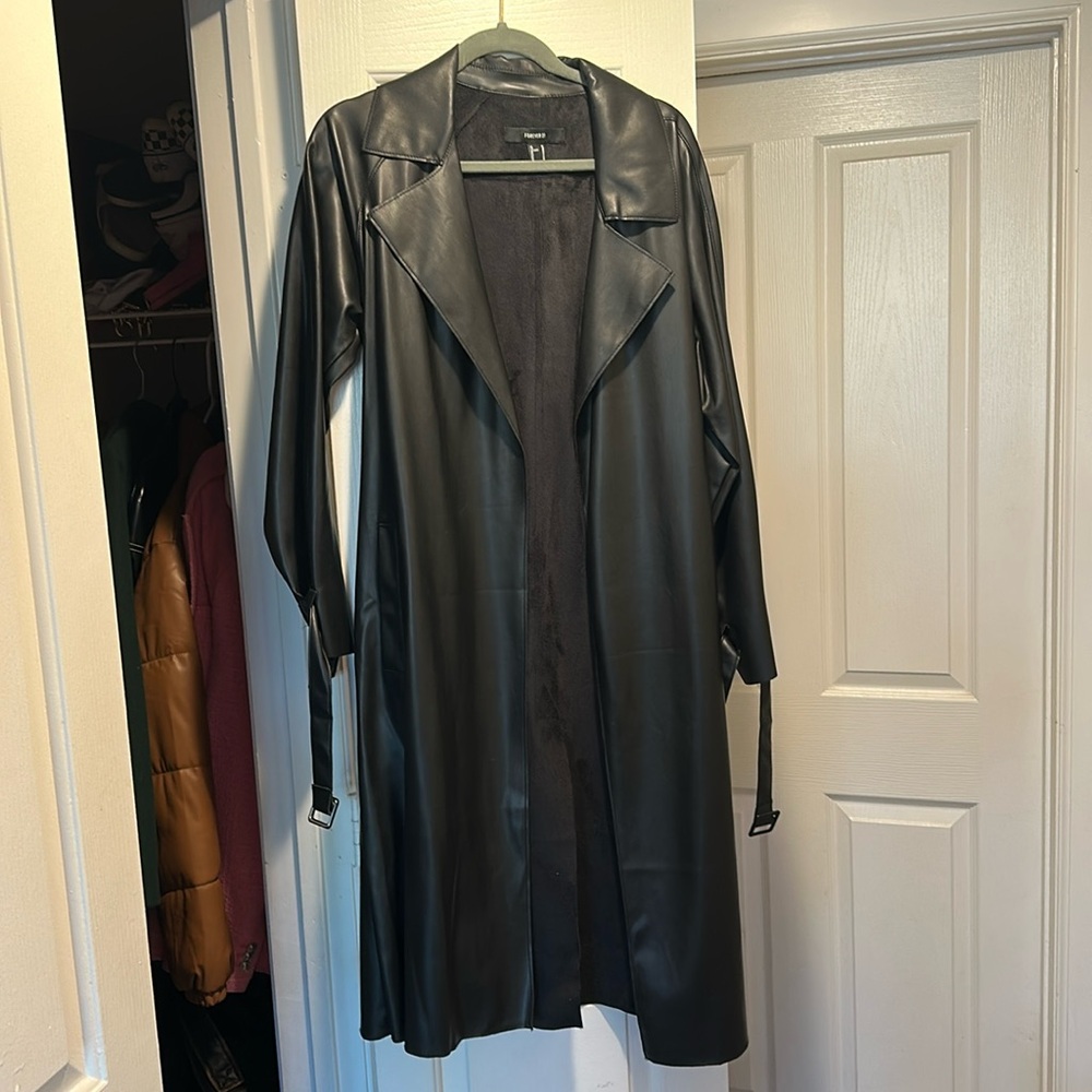 Long forever 21 faux leather trench coat